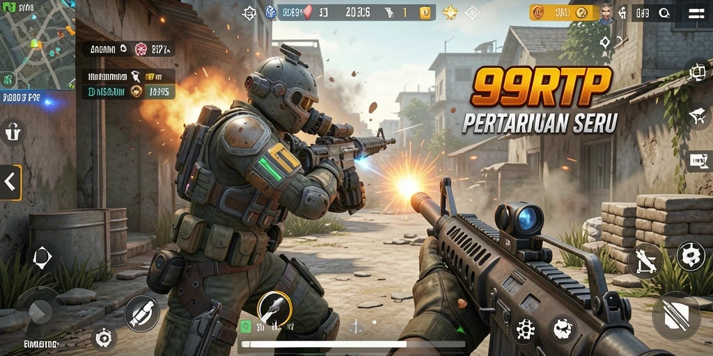 Screenshot 99RTP menampilkan aksi seru dalam pertempuran FPS.