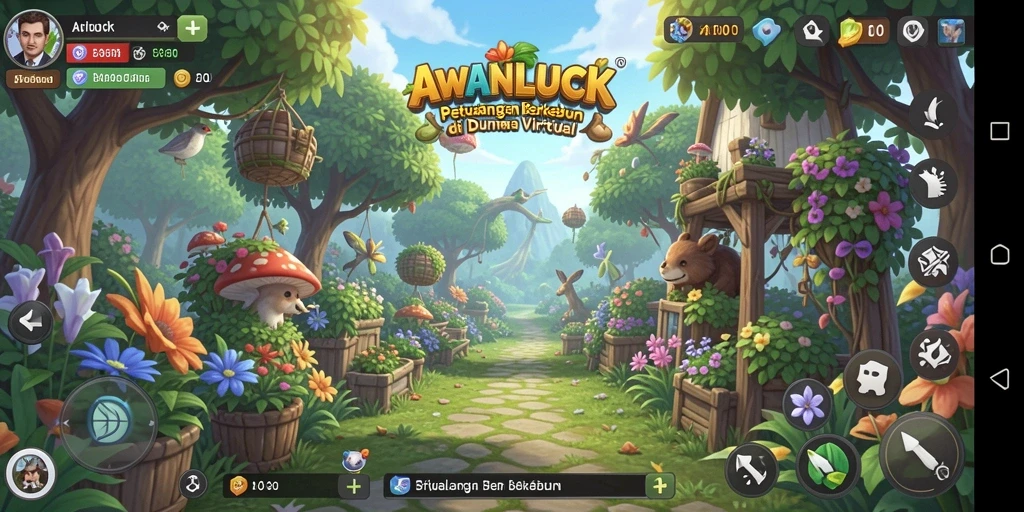 Screenshot gameplay AWANLUCK menampilkan kebun yang penuh warna dan tanaman subur.