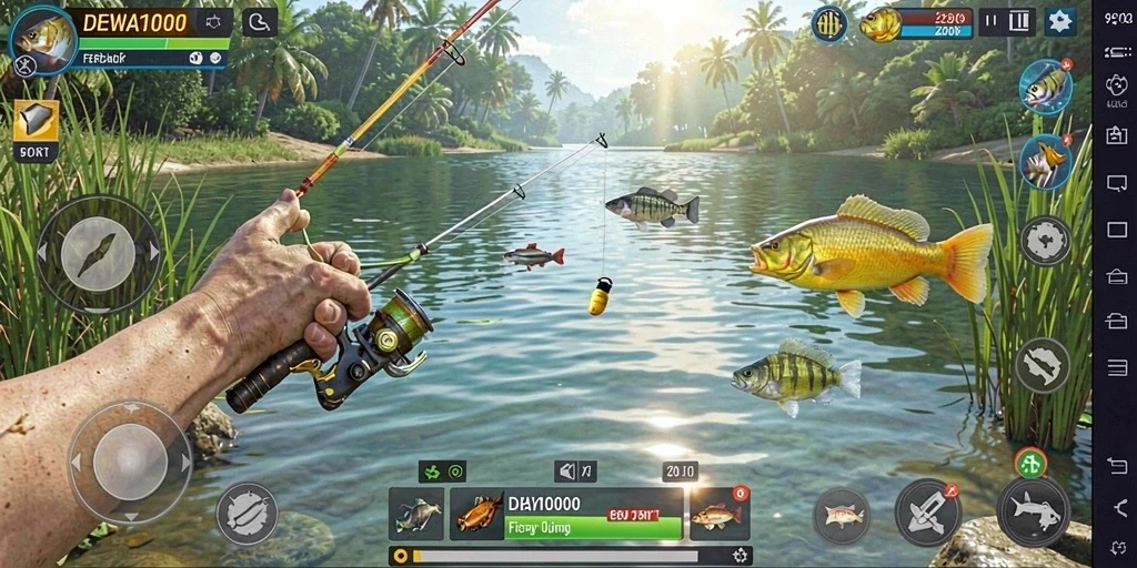 Tampilan gameplay DEWA1000 yang seru dan penuh warna saat memancing.
