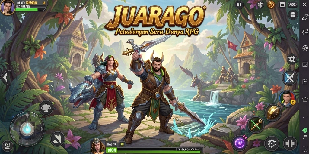 Screenshot utama JUARAGO menampilkan pertarungan epik dalam gameplay RPG.