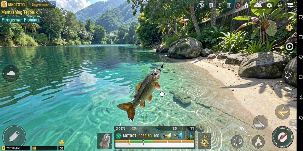 Tampilan gameplay KIKOTOTO saat memancing di danau yang indah.