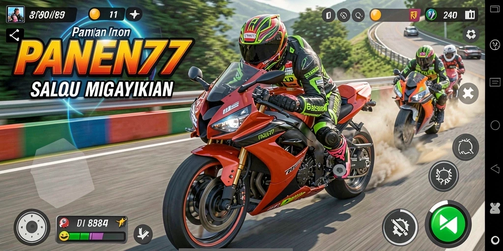 Tampilan gameplay menegangkan di PANEN77 dengan balapan motor yang seru.