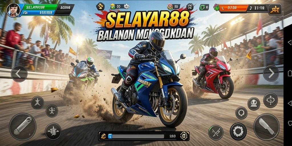 Screenshot menampilkan gameplay mendebarkan dalam balapan motor.