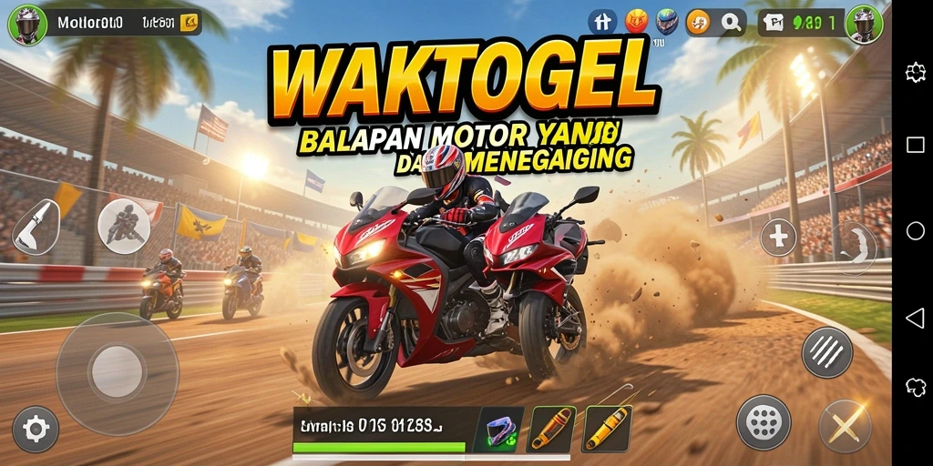 Screenshot utama WAKTOGEL menampilkan aksi balapan motor yang intens.